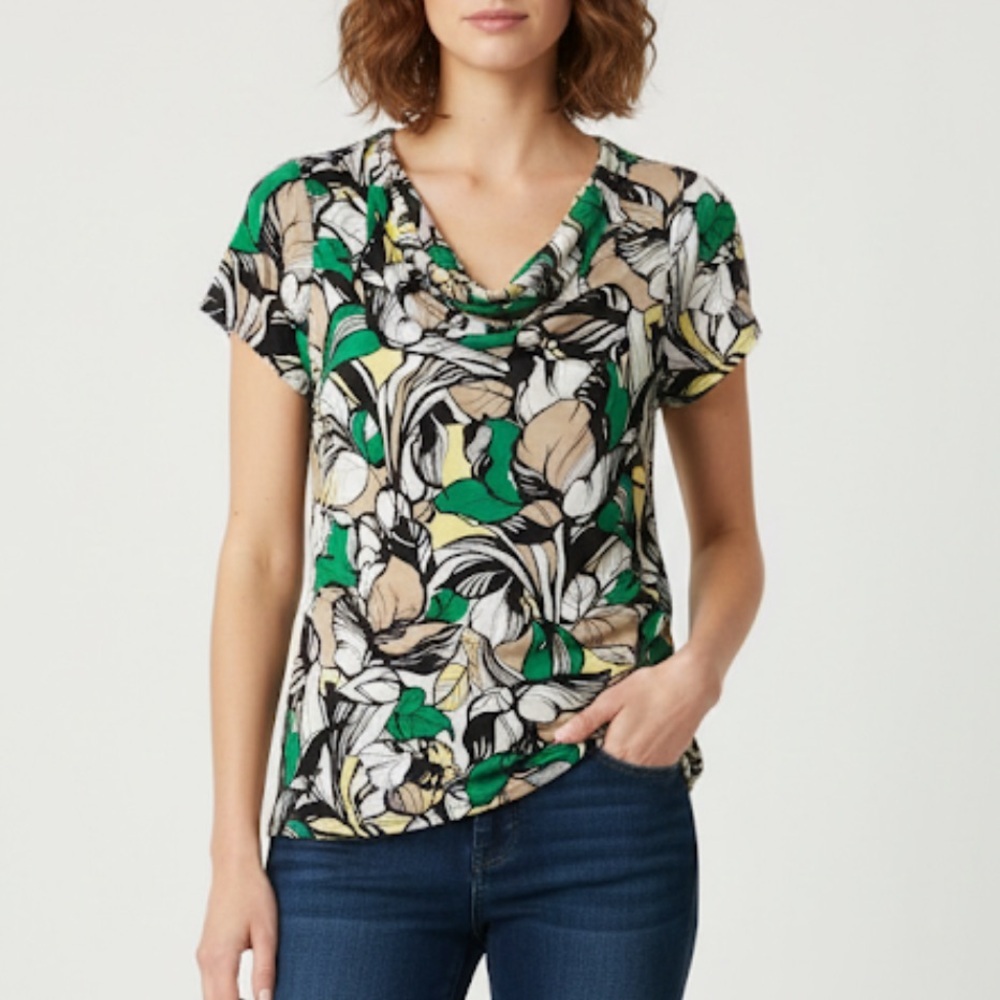 Dana Buchman Cowl Neck Floral Top Small Green Tan Rayon Spandex Short Sleeve